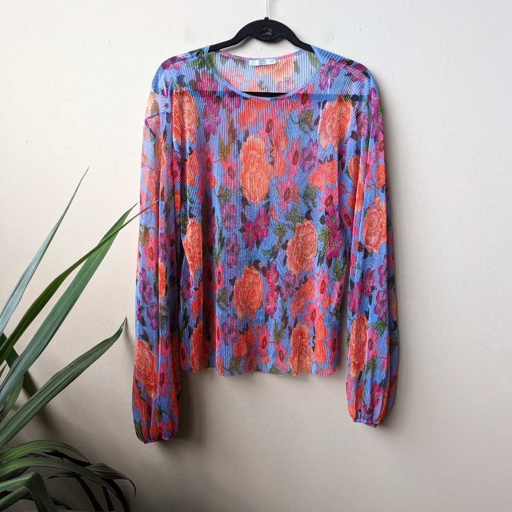 Zara Collection Floral Pleated Sheer Blouse size M